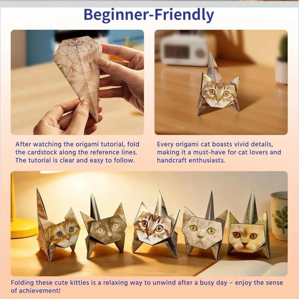 Origami cat folding pages, 48 sheets, 2 sizes, begin friendly, great desk pet G